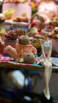 Ceramic Girl Figurine with Miniature Succulents and Watering Can Planter
