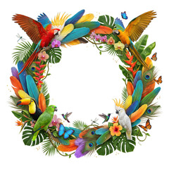 Fototapeta premium Tropical circular wreath with colorful parrots hummingbirds and exotic flowers isolated on transparent background