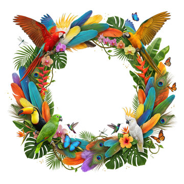 Tropical circular wreath with colorful parrots hummingbirds and exotic flowers isolated on transparent background