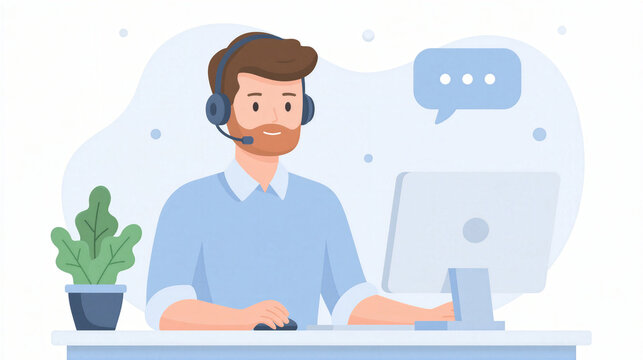 Customer service representative with headset working on computer in office