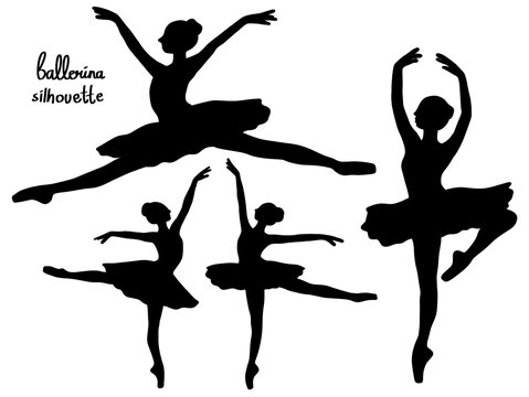 Elegant ballerina silhouettes in various dance poses on white background