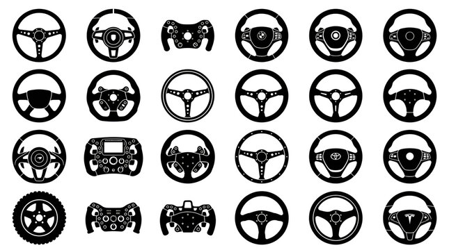 Silhouette Grid of Car Steering Wheels and Racing Helms