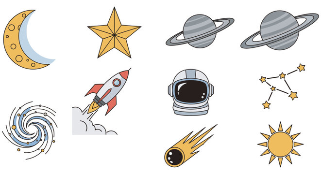 Celestial Objects And Space Exploration Vector Illustration With White Background