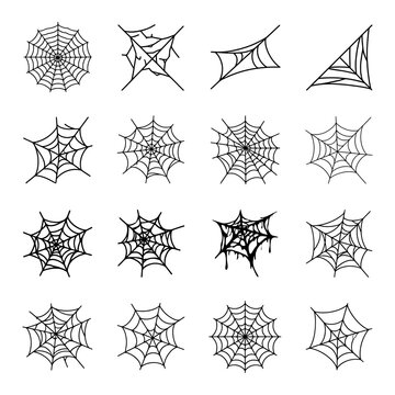 Collection of halloween spiderwebs in black line art on a white background