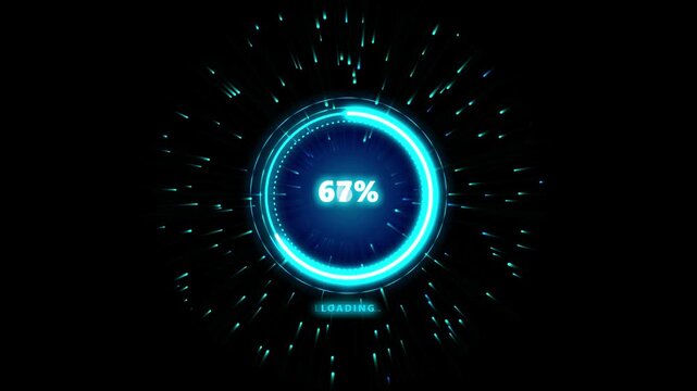 Futuristic circular HUD loading progress bar animation with percentage counter and cyan particle light beams on dark background