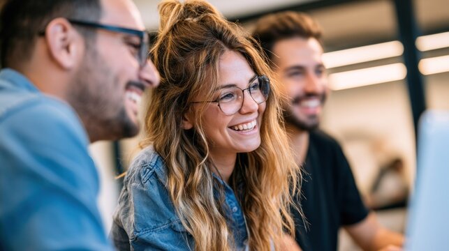A smiling woman in a denim jacket and glasses, with two men in the background, all seated at a computer in a modern office setting.