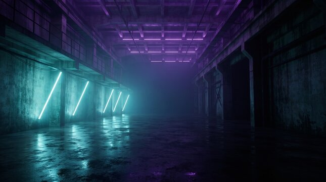 Cyberpunk Industrial Concrete Warehouse with Cyan Neon Lights and Purple Ceiling Glow