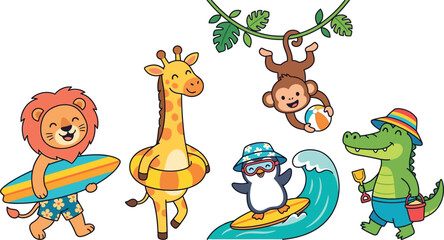 Obraz premium Cute cartoon zoo animals having summer fun at the beach with surfboard and swimming ring vector illustration