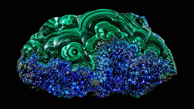 Azurmalachite combination mineral macro emerald-green malachite banding with cobalt-blue azurite druzy vivid colour contrast black velvet specimen
