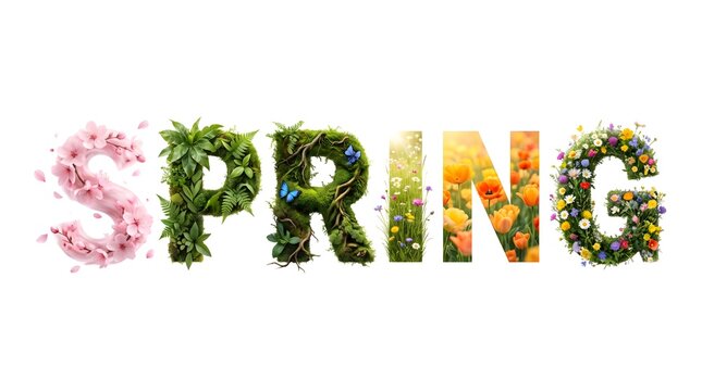 Spring word formed by colorful flowers and green leaves, floral typography design with natural textures, seasonal greeting concept with botanical elements isolated on white