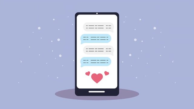 Mobile smartphone with chat bubbles and hearts animation on purple background for digital communication concepts.