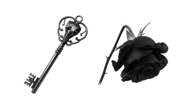 Vintage Metal Key with Skull and Black Rose