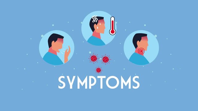 Symptoms of coronavirus disease animation with sick people characters and covid 19 particles motion.