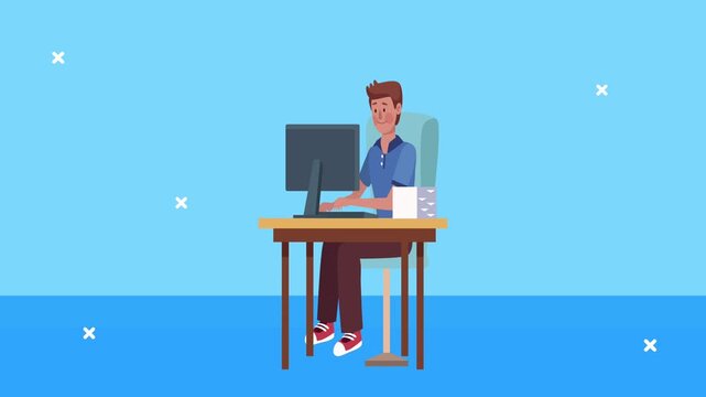 Animated businessman working at desk with desktop computer in flat cartoon style motion graphics.