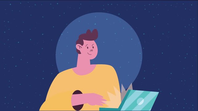 Young man using laptop computer at night against starry sky animation in flat cartoon style for technology concepts.