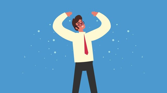 Happy businessman character animation with particle effect motion background, an optimistic and dynamic clip.