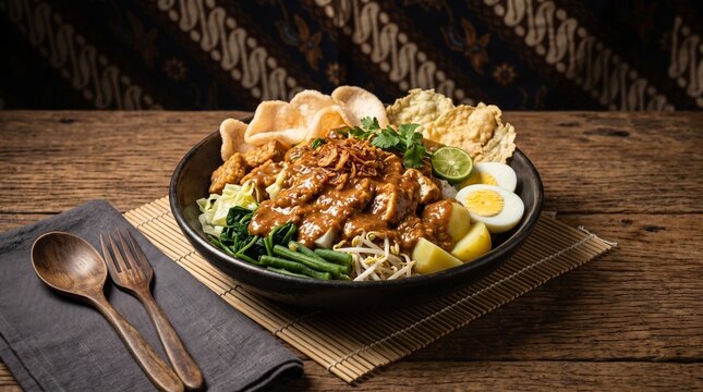 Gado-Gado. Gado-Gado bumbu kacang. Indonesian Vegetable Salad with Peanut Sauce. Gado-Gado Sehat. Traditional Indonesian Gado-Gado Vegetable Salad with Rich Peanut Sauce on Wooden Table.