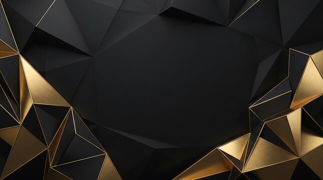 Abstract background featuring a geometric pattern of black and gold triangular shapes with metallic texture and sharp edges