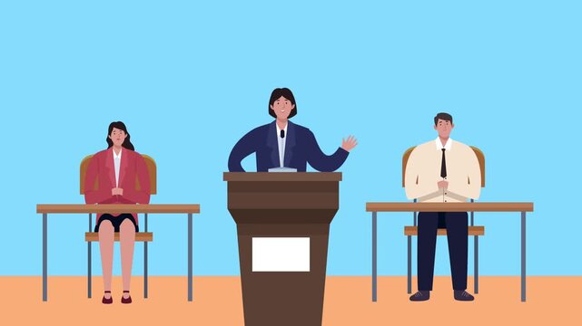 Business woman speaking at podium during political debate with candidates sitting at desks.