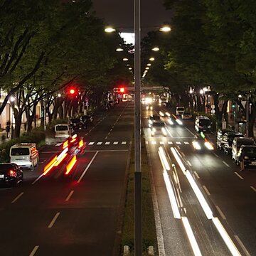 Tokyo Omotesando avenue night traffic time lapse with light trails, square video format.