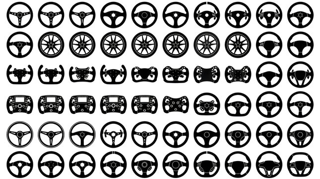 Vector Silhouettes of Car and Racing Steering Wheels Set