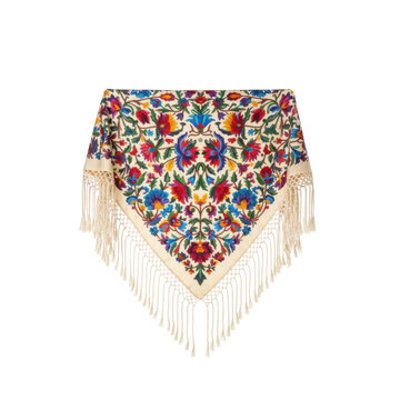 Traditional Decorative Shawl with Colorful Floral Embroidery and Fringe