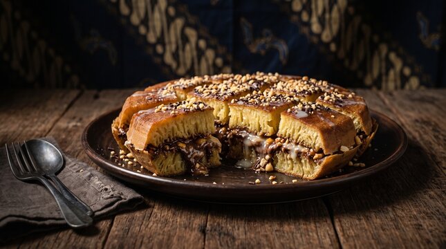 Martabak Manis. Martabak Manis coklat keju. Indonesian Sweet Martabak Pancake. Martabak Manis Tebal. Delicious Indonesian Sweet Martabak Pancake with Toppings on Wooden Table in Dark Mood.