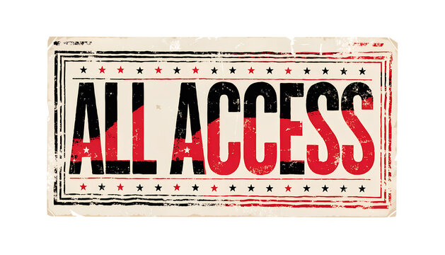 Vintage "ALL ACCESS" concert badge, retro rectangular admission sticker, bold condensed lettering, small star symbols and decorative borders, cream paper with faded black and red ink, distressed scree