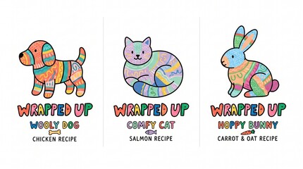 Fototapeta premium Creative cute print of animals featuring a dog, cat, and bunny with different recipes on display