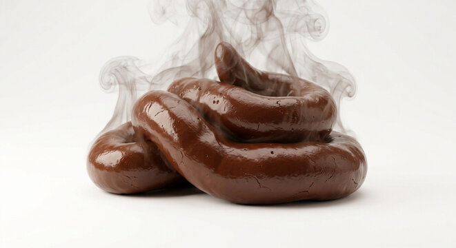 Fresh steaming brown coiled feces pile on white background, digestion and health concept.