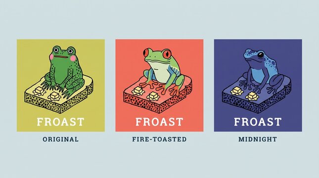 Creative cute print featuring frogs on colorful backgrounds with various labels for different roast styles