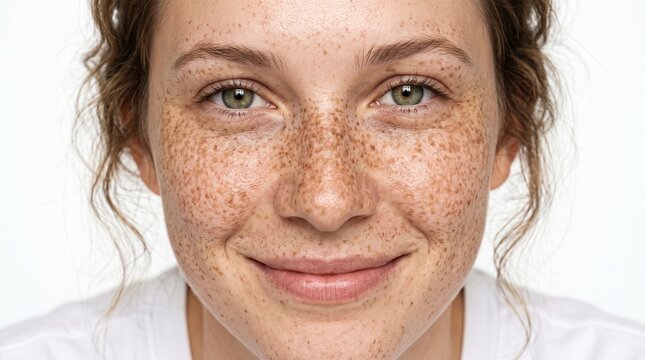 Front Portrait of Smiling Young Woman with Dense Natural Sun Freckles on Face