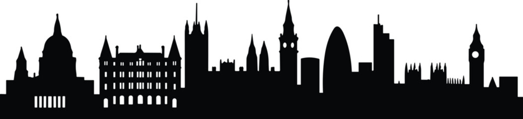 Fototapeta premium London skyline silhouette vector illustration featuring famous city architecture and landmarks in black and white