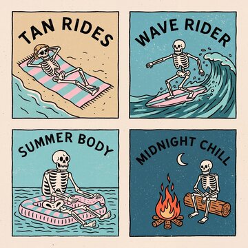 Creative print showing skeletons enjoying summer activities at the beach at various times of day