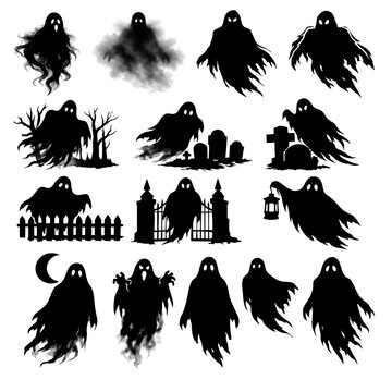 Collection of black ghost silhouettes on a white background for halloween decorations