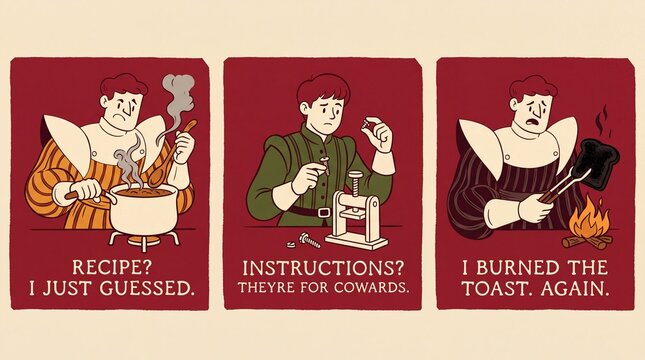 Creative print showing a humorous take on cooking challenges and kitchen mishaps