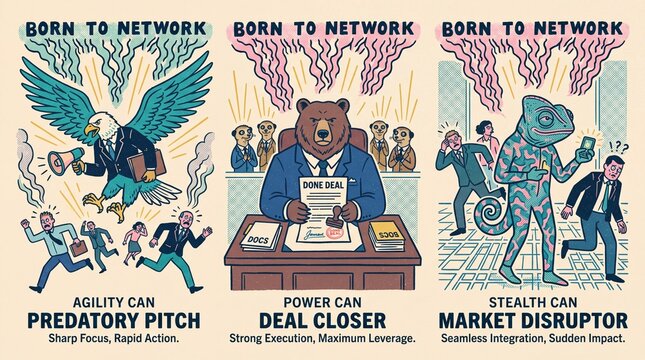 Creative cute print showing different animals representing business traits and skills in a fun and engaging way