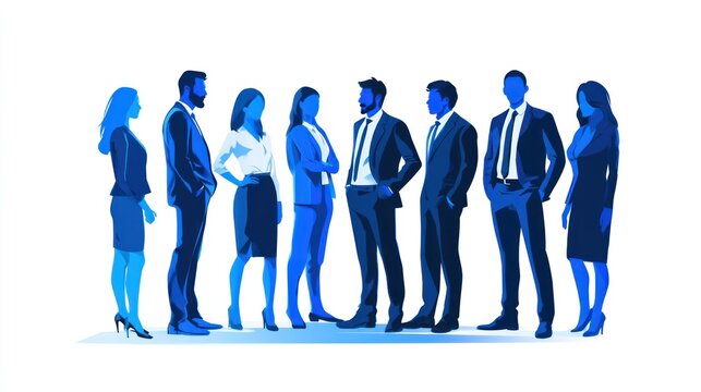 A group of business people standing in a line, dressed in formal attire, with a blue hue, possibly representing a corporate or professional setting.