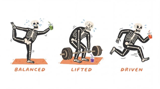 Creative print showing skeletons engaging in different activities like balancing, lifting weights, and running with drinks