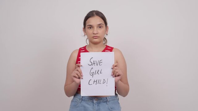 Sad Indian Teenage Girl Holding Save Girl Child Poster