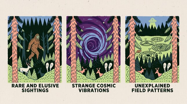 Creative cute print showing strange events in a forest with various characters and symbols