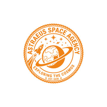 Astraeus Space Agency Logo: Rocket Launching Towards Planet
