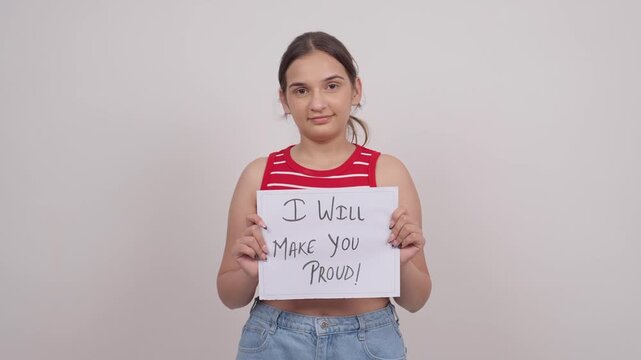 Happy Indian Teenage Girl Holding I WILL MAKE YOU PROUD Poster