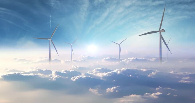 Modern wind turbines generating power above clouds with sun rays background. Sustainable clean energy related 3d animation.