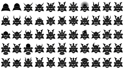 Obraz premium Grid Collection of Japanese Samurai Kabuto Helmets and Menpo Mask Silhouettes