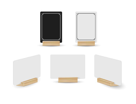Card table menu holder stand mockup. Paper flyer mock up template. Event promotion wooden frame. Restaurant label. Vector illustration