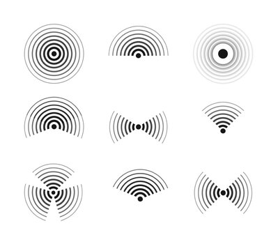 Sonar pulse patterns with ripple effects for technology projects. Isolated vector graphics showing signal frequencies, radio transmission symbols and digital monitoring displays.