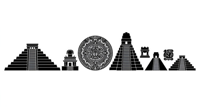 Aztec and Mayan Pyramid Temple Silhouettes and Sun Stone Collection
