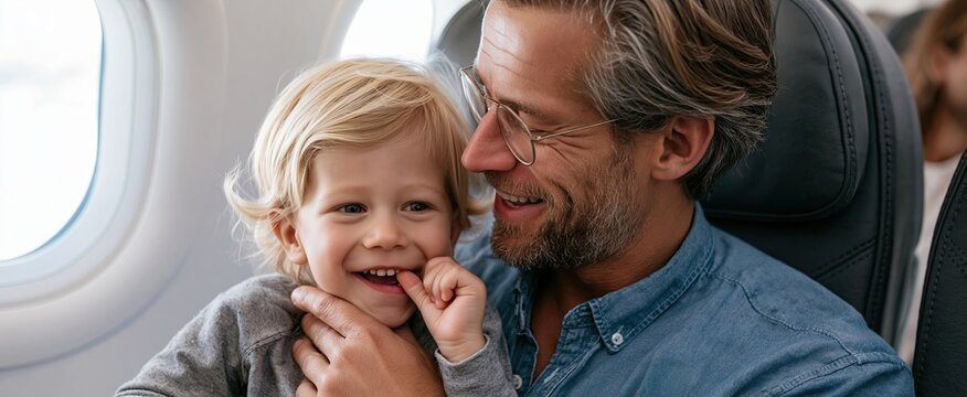 Gentle father with diabetes sharing a tender moment with toddler aboard a bright, cozy airplane cabin.