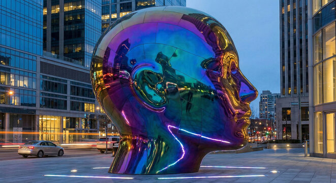 Giant iridescent human head sculpture against modern city office buildings